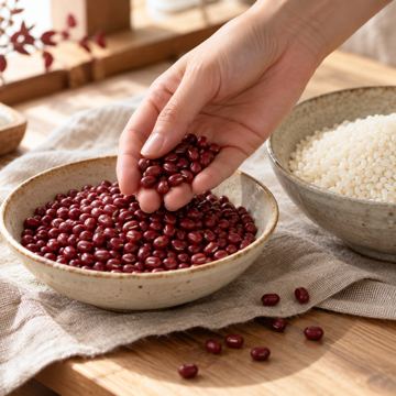 小豆ともち米を丁寧に選ぶ様子