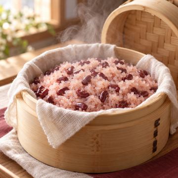 湯気の立つせいろで蒸した赤飯